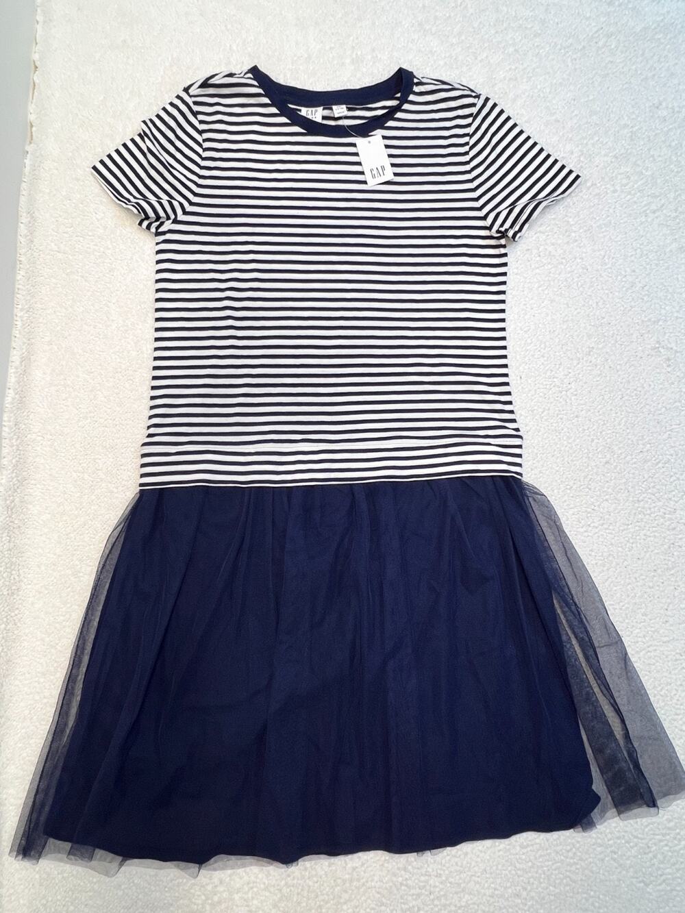 NWT Gap Kids Girl Dress Stripped Top Short Sleeve Tutu Skirt Blue/White, Sz XXL